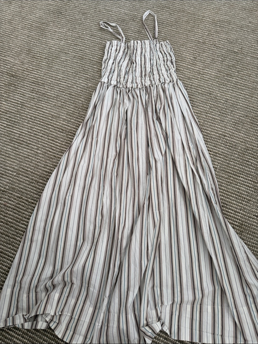 Smocked Striped Maxi Dress in Neutral Beige and White